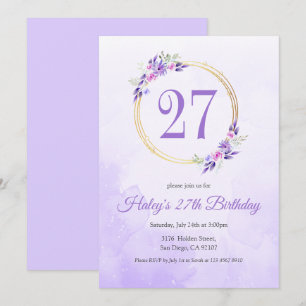 Convite Pastel Purple Floral Ouro Wreath 27º Aniversário