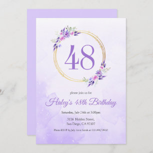 Convite Pastel Purple Floral Ouro Wreath 48º Aniversário