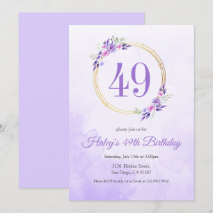 Convite Pastel Purple Floral Ouro Wreath 49º Aniversário