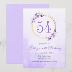 Convite Pastel Purple Floral Ouro Wreath 54º Aniversário