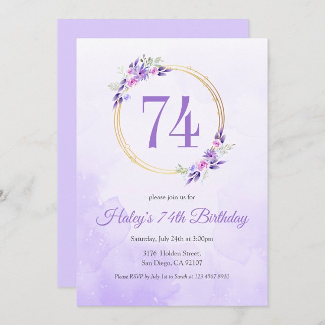 Convite Pastel Purple Floral Ouro Wreath 74º Aniversário (Frente/Verso)