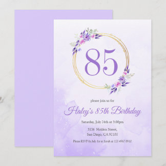 Convite Pastel Purple Floral Ouro Wreath 85º Aniversário