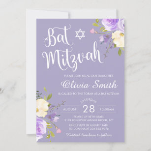 Convite Pastel Purple Floral White Script Bat Mitzvah