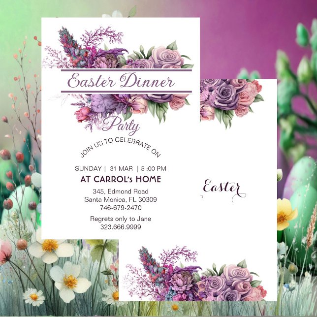 Convite Pastel Purple Lilac Flora Rosa Páscoa Partido do J (Pastel Purple Lilac Flora Rose Easter Dinner Party Invitation)