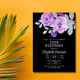 Convite Pastel Purple Rosa Floral Black 50º Aniversário