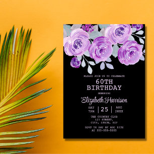 Convite Pastel Purple Rosa Floral Black 60º aniversário