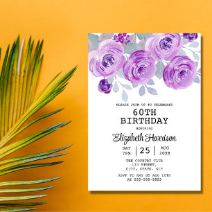 Convite Pastel Purple Rosa Floral Greenery 60º Aniversário
