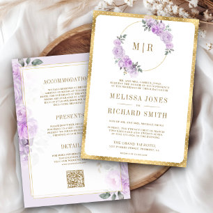 Convite Pastel Purple Watercolor Floral Tudo em Um Casamen