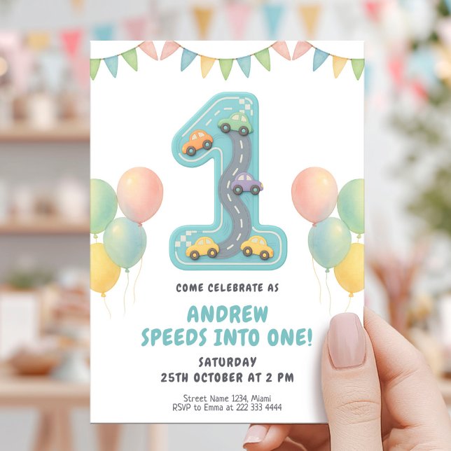 Convite Pastel Racing First Birthday Party (Criador carregado)