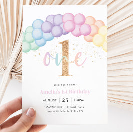Convite Pastel Rainbow Balloon Arch Party - primeiro anive