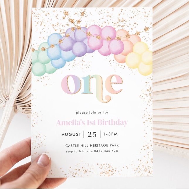 Convite Pastel Rainbow Balloon Arch Party - primeiro anive (Criador carregado)