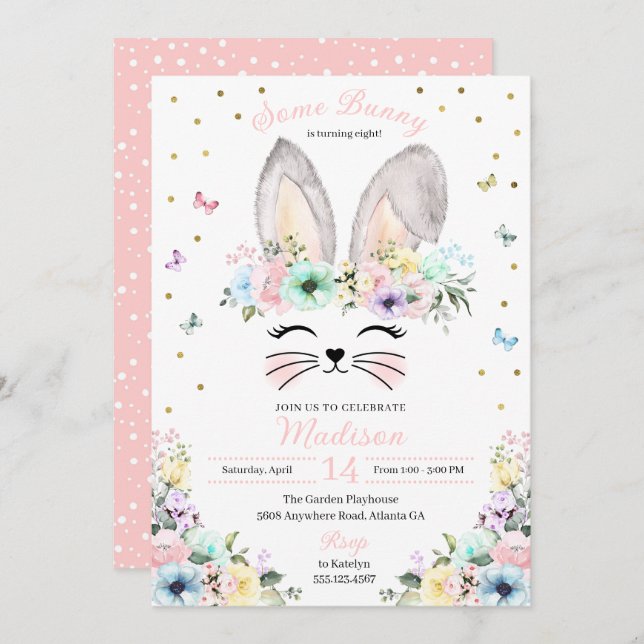 Convite Pastel Rainbow Bunny Ears Flor Crown Aniversário (Frente/Verso)