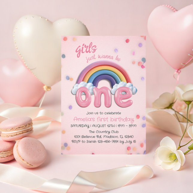 Convite Pastel Rainbow First Birthday Invitation for Girl (Criador carregado)