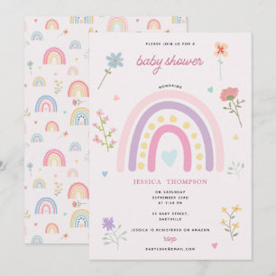 Convite Pastel Rainbow Girl Wildflower Heart Chá de fralda