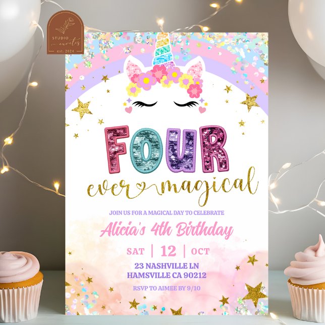 Convite Pastel Rainbow Magical Unicorn 4th Birthday (Criador carregado)