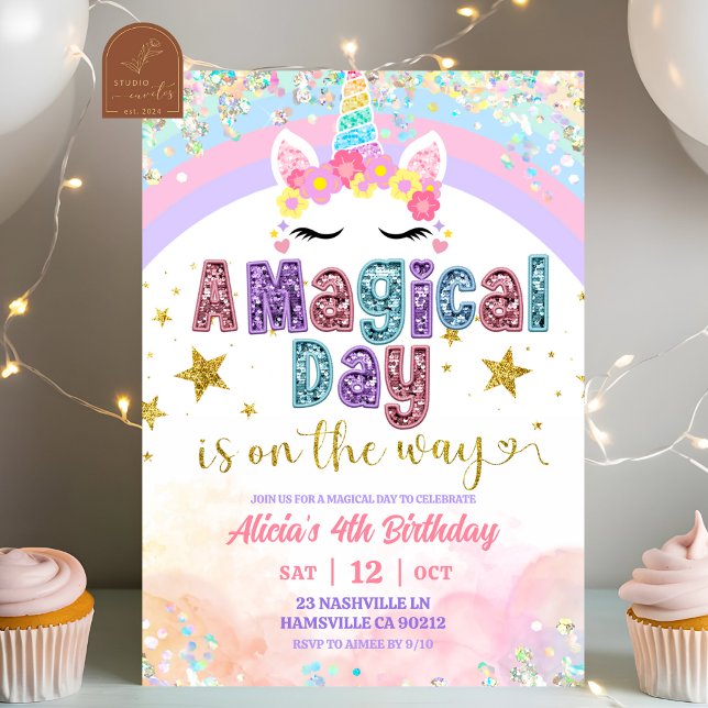 Convite Pastel Rainbow Magical Unicorn girl birthday  (Criador carregado)