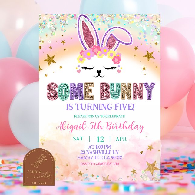 Convite Pastel Rainbow Sequins Bunny Invitation (Criador carregado)