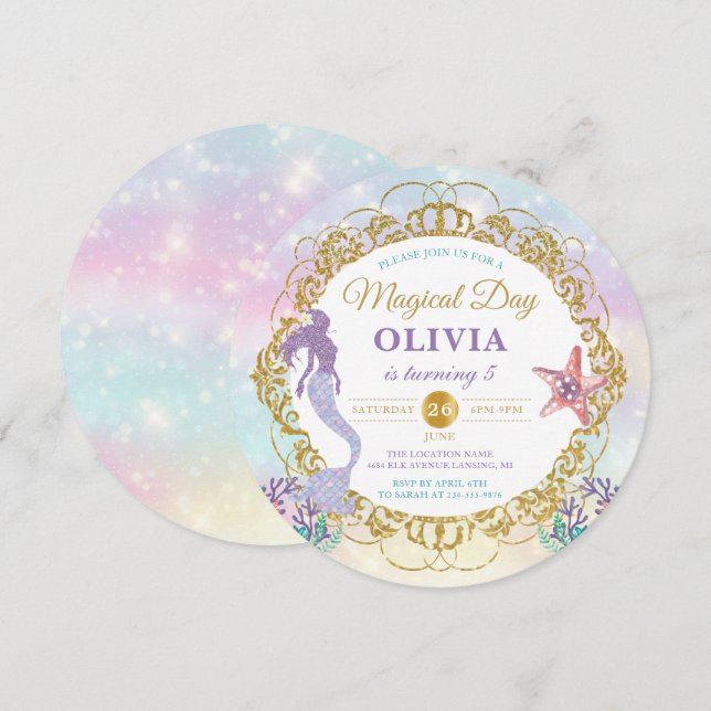 Convite Pastel Rainbow Sereia Sob O Aniversário Do Mar (Frente/Verso)
