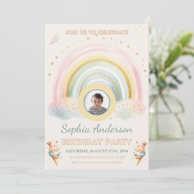 Convite Pastel Rainbow & Sorvete, Foto personalizada Anive (Em pé/Frente)
