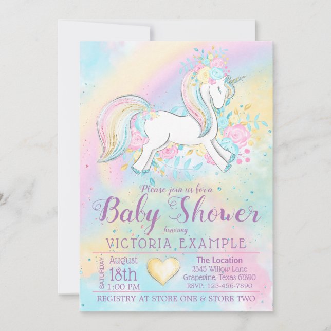Convite Pastel Rainbow Unicorn Baby Shower Invations (Frente)