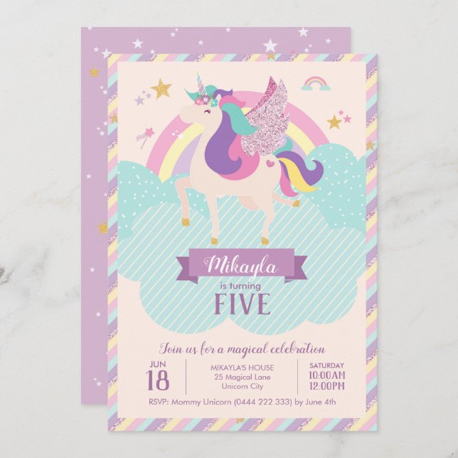 Convite Pastel Rainbow Unicorn Magic Birthday Cute (Frente/Verso)