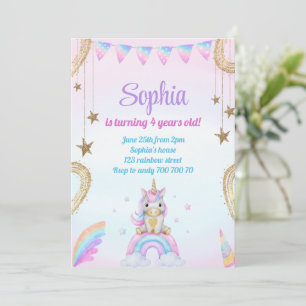 Convite Pastel Rainbow Unicorn Sparkles Aniversário
