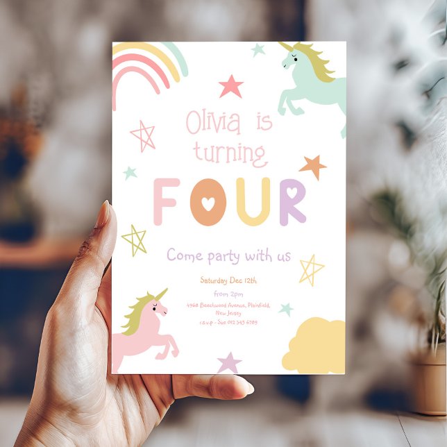 Convite Pastel Rainbow Unicorn Stars Quarto Aniversário (Criador carregado)
