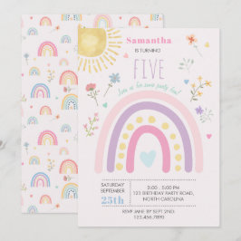 Convite Pastel Rainbows Girly Wildflower Heart Aniversário