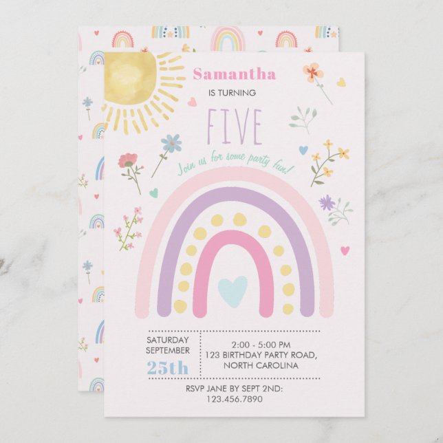 Convite Pastel Rainbows Girly Wildflower Heart Aniversário (Frente/Verso)