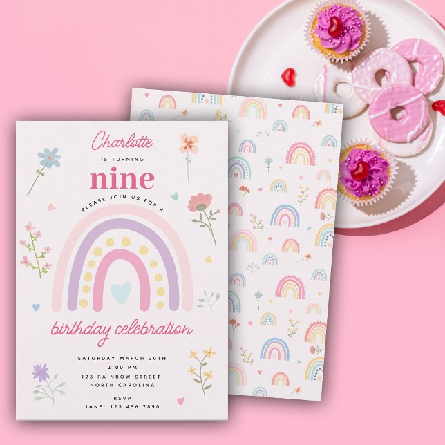 Convite Pastel Rainbows Rapariga Flores Selvagens Corações (Pastel Rainbows Girl Wildflowers Hearts Birthday Invitation)