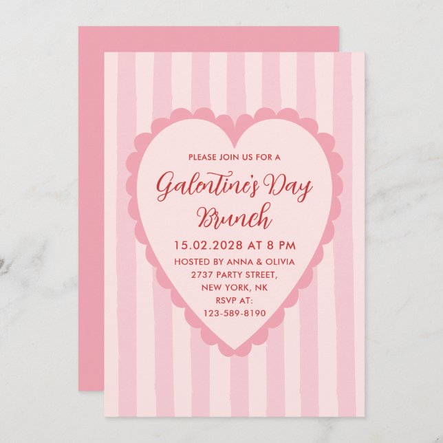Convite Pastel Red Pink Hand Drawn Galentine's Day Brunch (Frente/Verso)