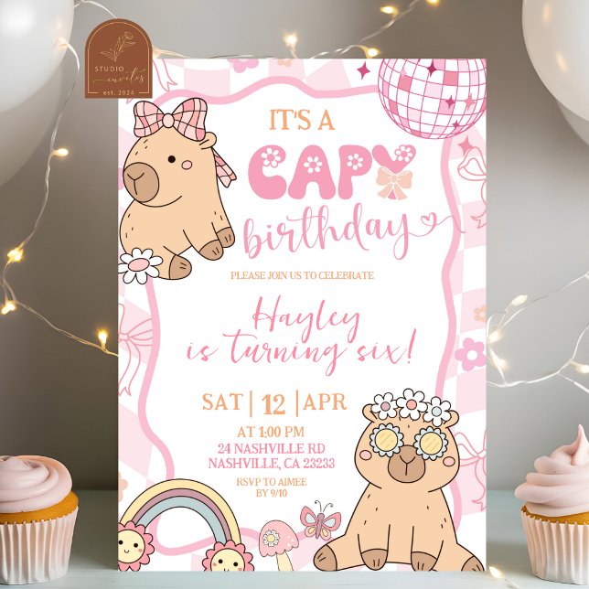 Convite Pastel Retro Capybara Girl Birthday party (Criador carregado)
