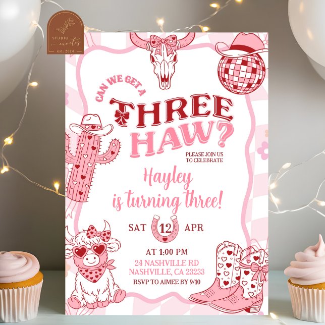Convite Pastel Retro Threehaw Cowgirl Birthday party (Criador carregado)