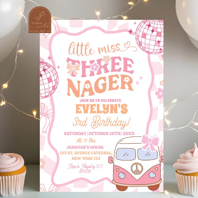 Convite Pastel Retro Van Groovy Little Miss Threenager (Criador carregado)