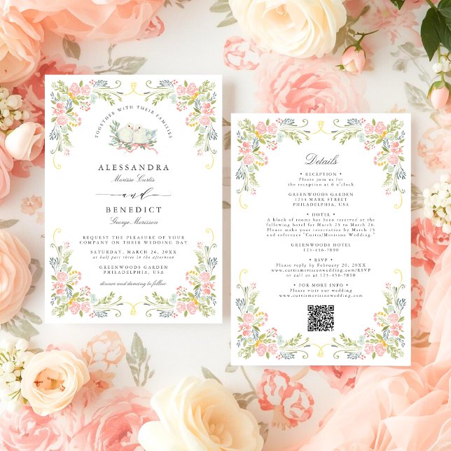 Convite Pastel Rococo Garden Ornate Floral Wedding QR (Criador carregado)