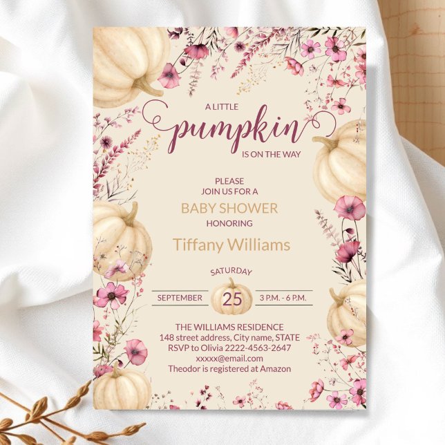 Convite Pastel rosa Aquarela Polpa cai flores silvestres (Pink and beige Rustic Pumpkin Baby Shower Invitation | Neutral Fall Floral Autumn Theme)
