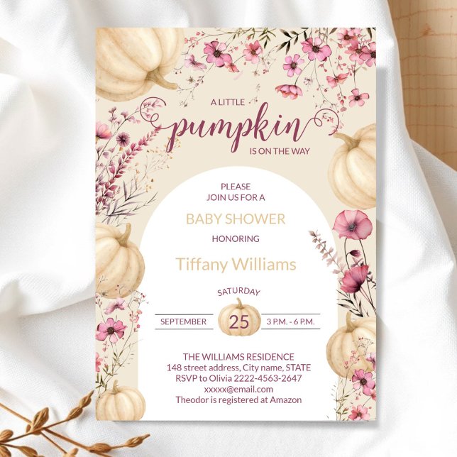 Convite Pastel rosa Aquarela Polpa cai flores silvestres (Pink and beige Rustic Pumpkin Baby Shower Invitation | Neutral Fall Floral Autumn Theme)