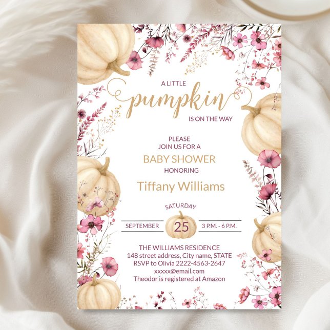 Convite Pastel rosa Aquarela Polpa cai flores silvestres (Pink Rustic Pumpkin Baby Shower Invitation | Neutral Fall Floral Autumn Theme)