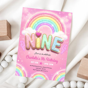 Convite Pastel Rosa Arco-íris Brilho 9º Aniversário
