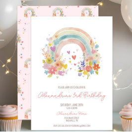 Convite Pastel Rosa Boho Arco-Íris aniversário de 3 anos
