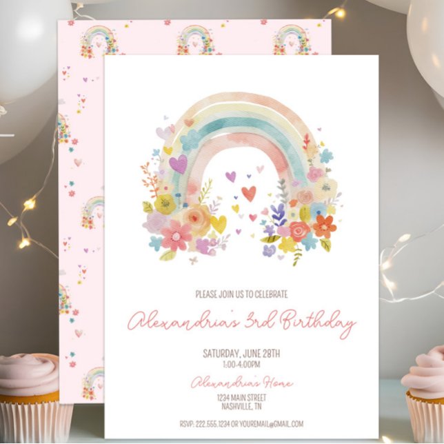 Convite Pastel Rosa Boho Arco-Íris aniversário de 3 anos (Criador carregado)