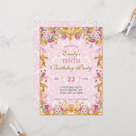 Convite Pastel rosa Dourado Décimo Barroco Rococó Aniversá