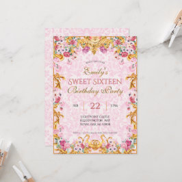 Convite Pastel rosa Dourado Doce Dezesseis Rococo Aniversá