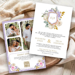 Convite Pastel Rosa Roxo Floral Código QR Brasão Casamento