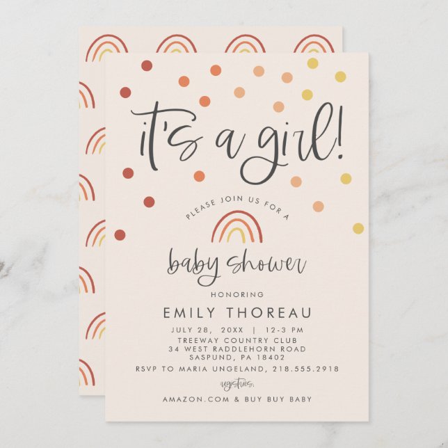Convite Pastel Rosa Terracotta Rainbow É uma garota (Frente/Verso)