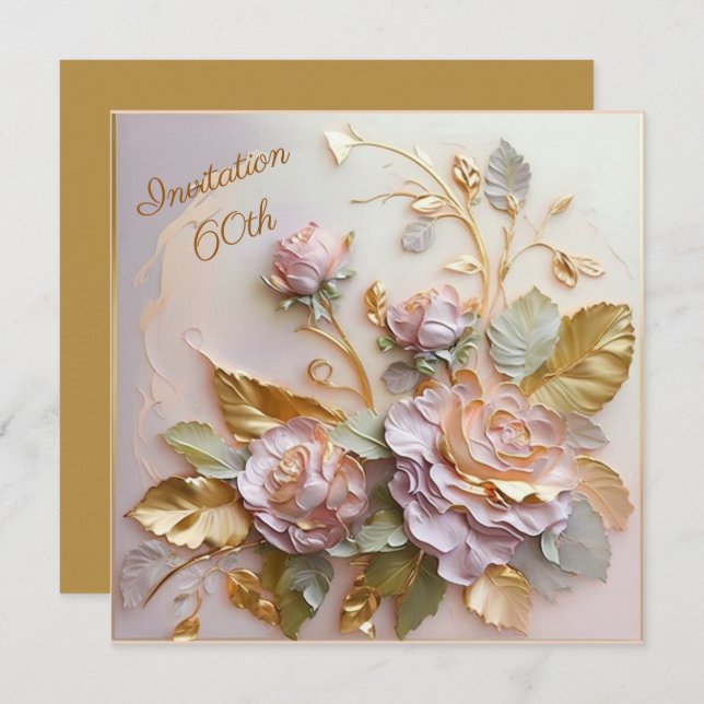 Convite Pastel Rosegold Rosas 60th (Frente/Verso)