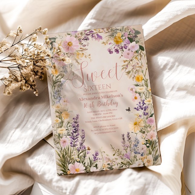 Convite Pastel Selvagens Rosa Romântico 16 Flores Doces Co (Criador carregado)