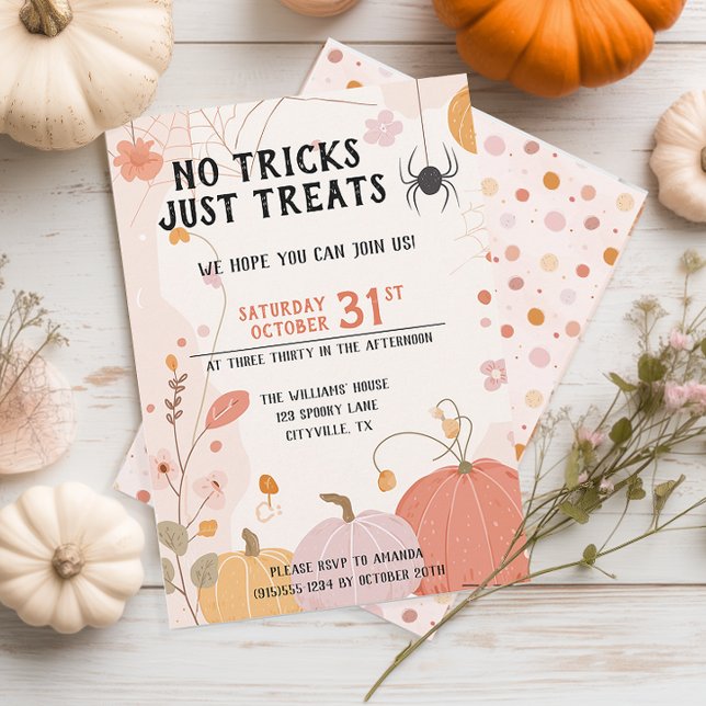 Convite Pastel Sem Truques Apenas Guloseimas Crianças Hall (Cute Kid's Halloween Party Invitation)