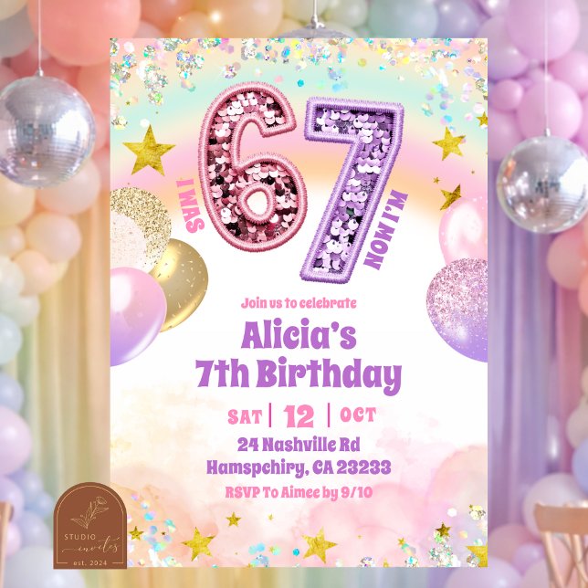 Convite Pastel Sequin Glitter 67 Girl  Birthday (Criador carregado)