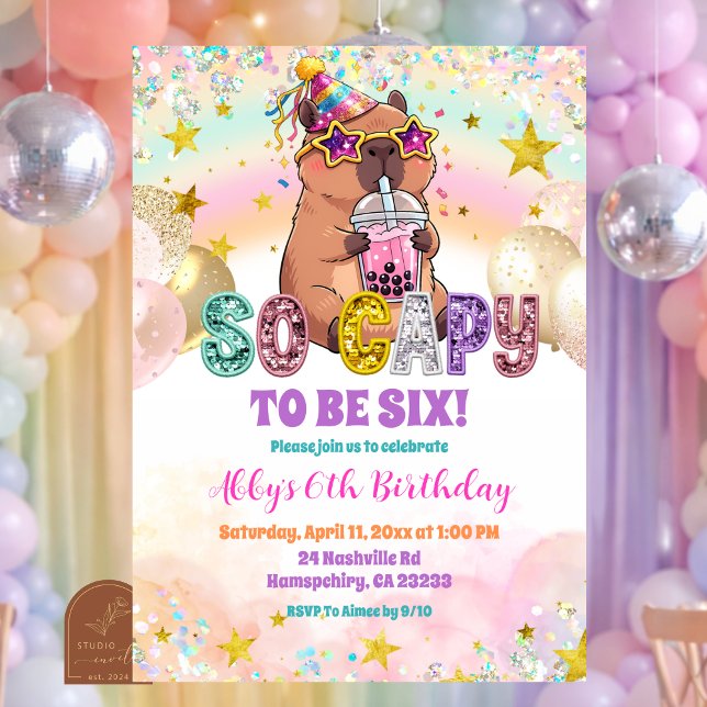 Convite Pastel Sequin Glitter Capybara Birthday Invitation (Criador carregado)